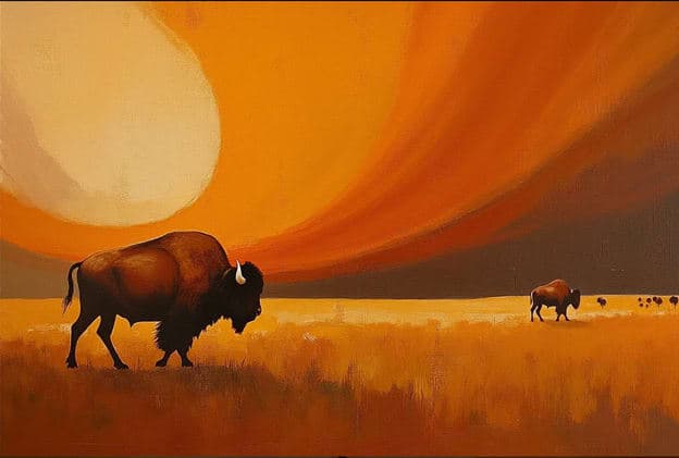 Bison Herd Golden Plains Sun Orange Dramatic