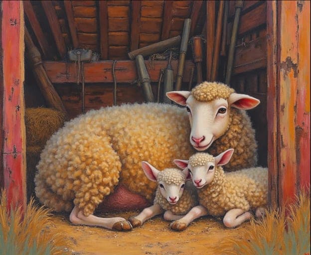 Sheep Family Resting Hay Barn Tools Rustic