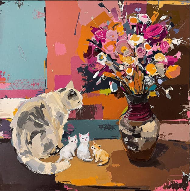 Graphic Cat Kittens Flowers Vase Colorful Blocks