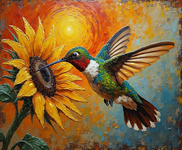 Hummingbird Sunflower Fiery Textured Sun