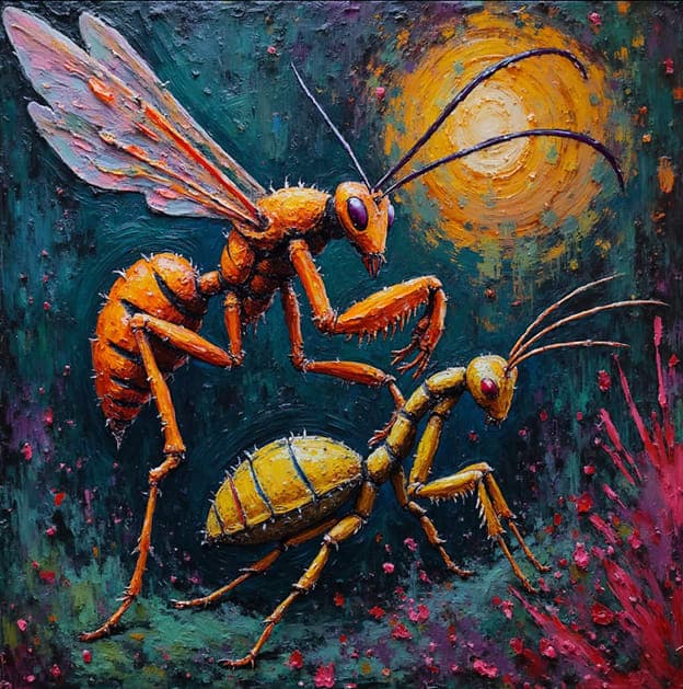 Praying Mantis Pair Confronting Moonlit Teal