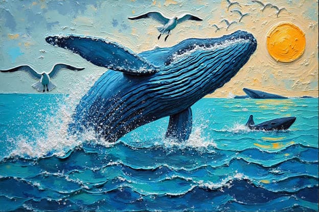Humpback Whale Breach Seagull Flock Golden Sunset