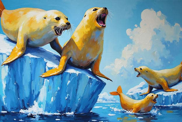 Yellow Seals Iceberg Group Confronting Playful