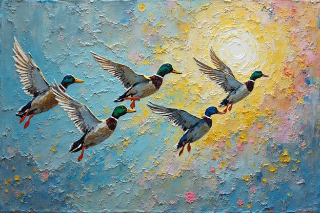 Mallard Ducks Flying Group Textured Pink Yellow