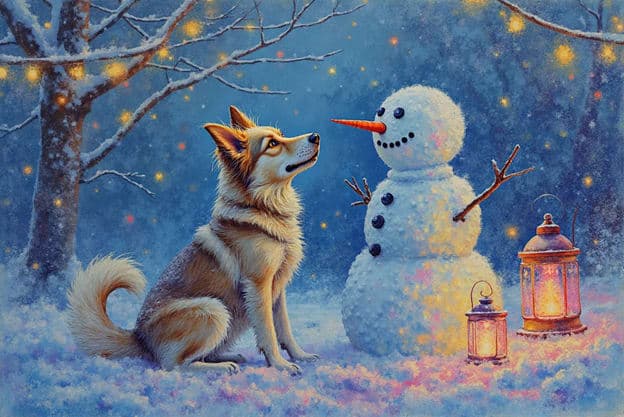 Dog Snowman Winter Lanterns Starry Forest