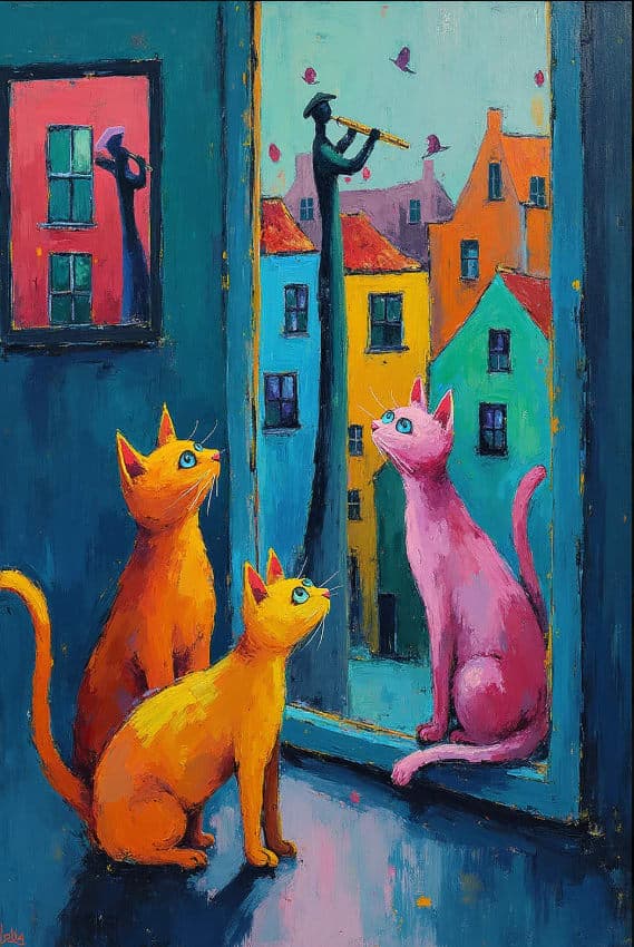 Orange Pink Cats Window Flute Player Colorful Town