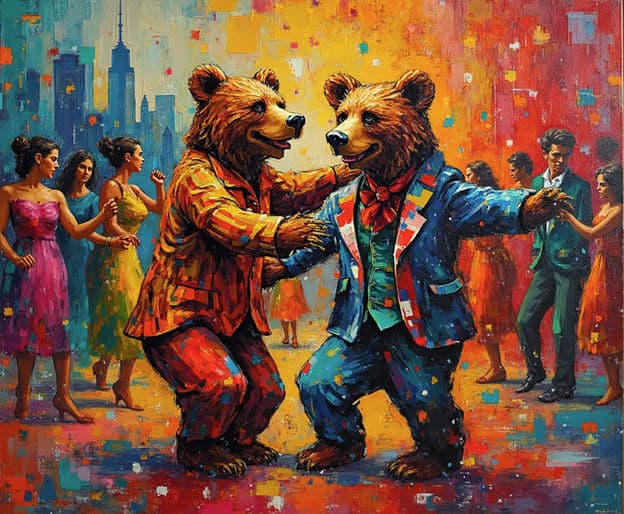 Dancing Bears Ballroom Suits Couples Cityscape