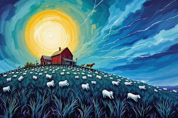 Sheep Flock Red Barn Lightning Storm Hillside