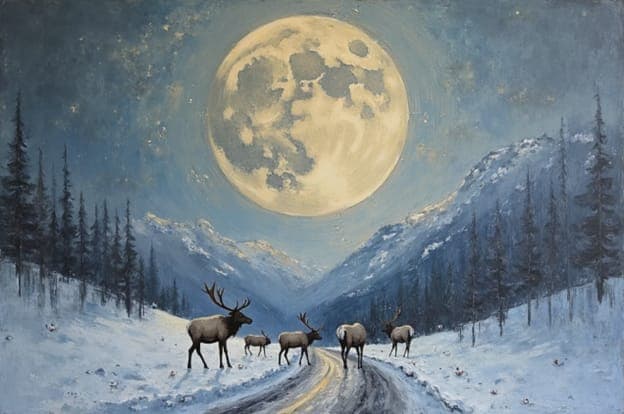 Elk Herd Full Moon Snowy Mountain Road Large