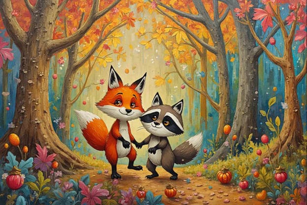 Fox Raccoon Holding Hands Autumn Forest Whimsical