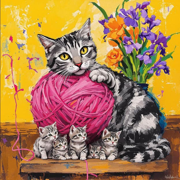 Gray Tabby Cat Kittens Yarn Flowers Pop Art Yellow