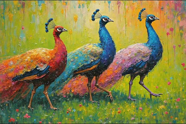 Three Peacocks Walking Colorful Textured Field