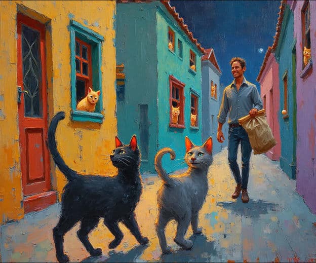 Black Gray Cats Walking Alley Man Colorful Houses