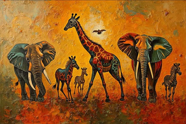 Elephants Giraffe Zebras Group Walking Orange Sunset