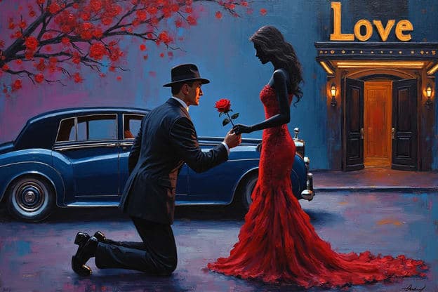 Man Kneeling Rose Proposal Vintage Car Love Sign