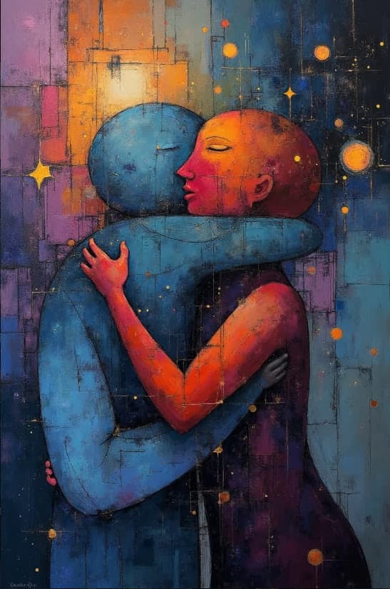 Abstract Geometric Couple Embrace Blue Orange Portrait