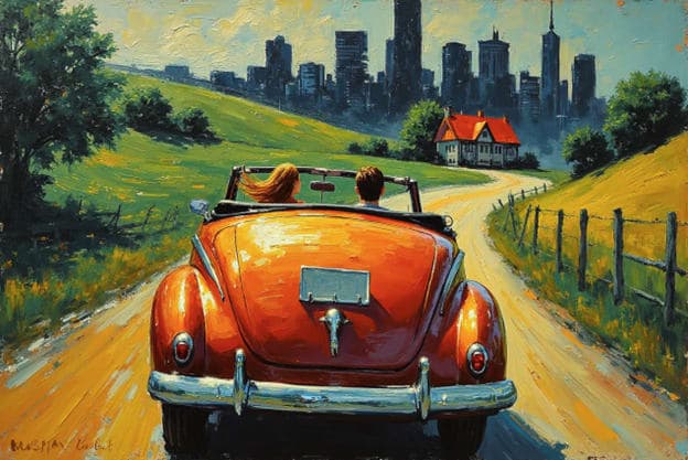 Vintage Convertible Couple Country Road City Skyline