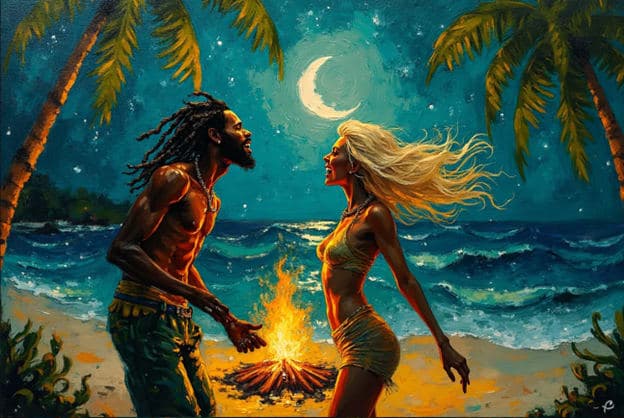 Couple Facing Bonfire Crescent Moon Palm Trees Beach