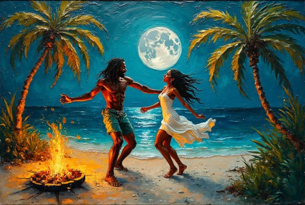 Couple Dancing Twin Palms Centered Moon Bonfire Beach