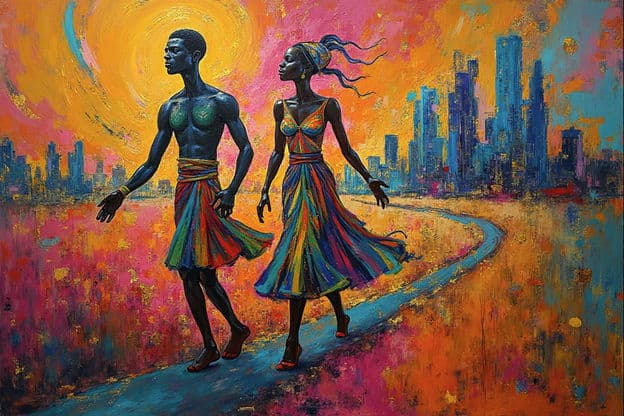 African Couple Walking City Skyline Colorful Skirt Sunset