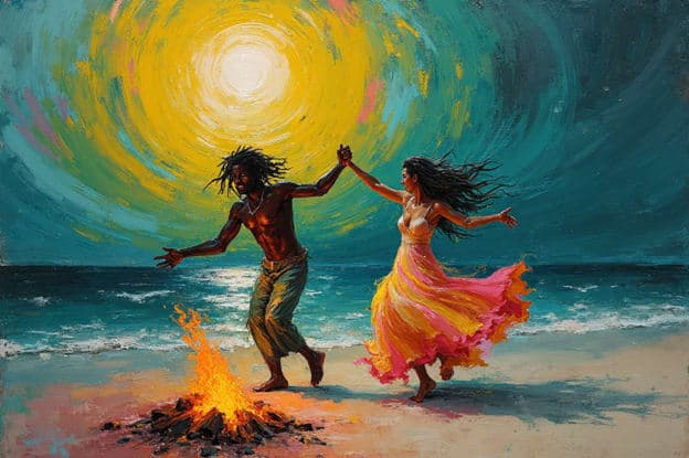 Couple Dancing Beach Bonfire Sun Swirl Sky