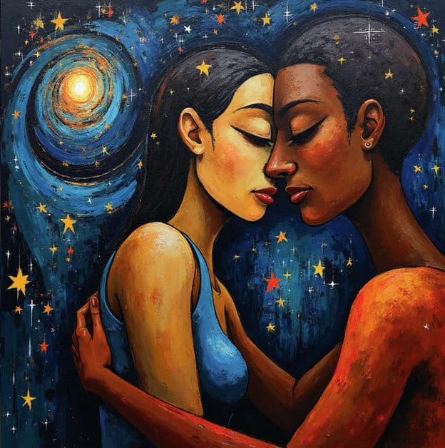 Two Women Embrace Portrait Starry Galaxy Spiral