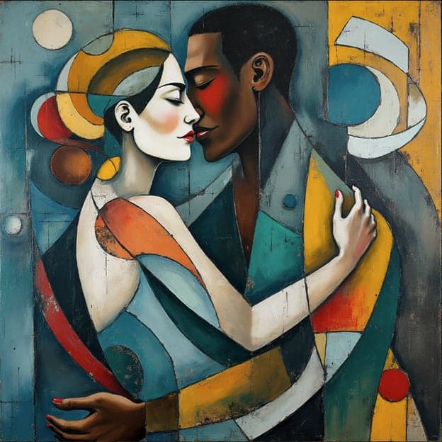 Art Deco Cubist Embrace Couple Geometric Teal Gold