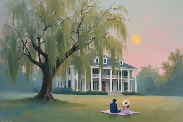 Couple Picnic Weeping Willow Tree Mansion Full Moon