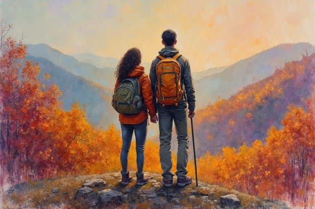 Couple Hiking Backpacks Autumn Mountain Overlook