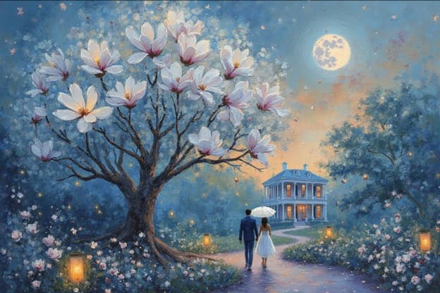 Couple Walking Magnolia Tree Mansion Moonlit Lanterns
