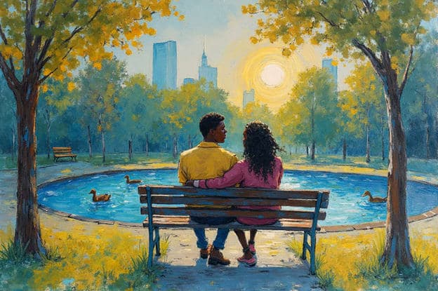 Couple Park Bench Pond Ducks City Skyline Autumn