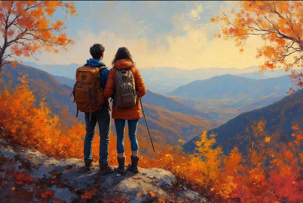Couple Hiking Backpacks Mountain Overlook Autumn Foliage