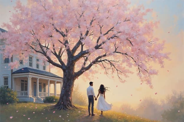 Couple Walking Cherry Blossom Tree White Mansion Sunset