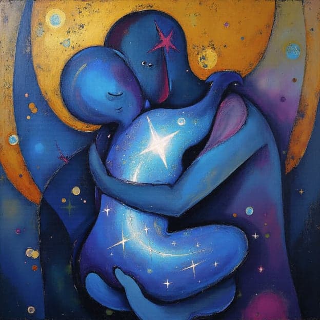Couple Embrace Abstract Blue Sparkling Stars Gold Halo