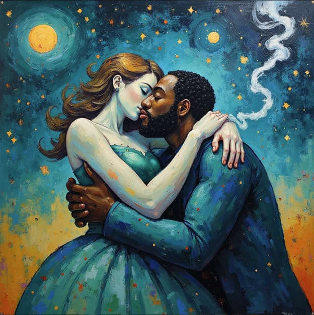 Couple Kiss Starry Night Teal Orange Smoke Wisp
