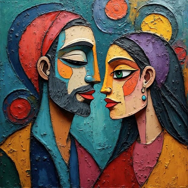 Couple Cubist Portrait Profile Moon Sun Circles