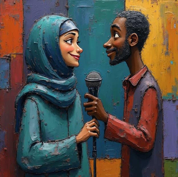 Couple Interview Microphone Hijab Textured Panels