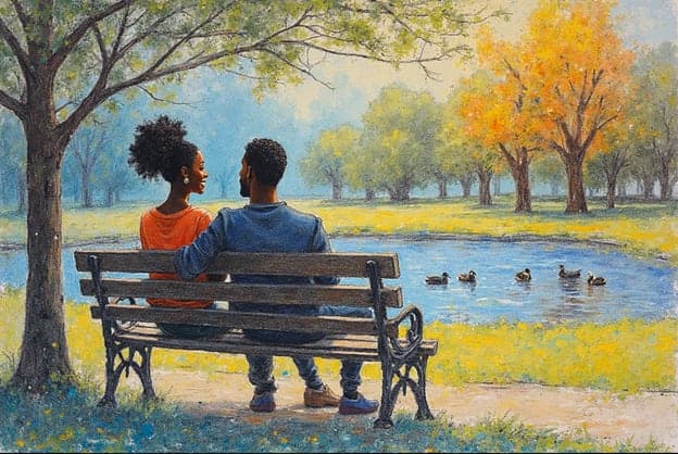Couple Park Bench Pond Ducks Autumn Trees