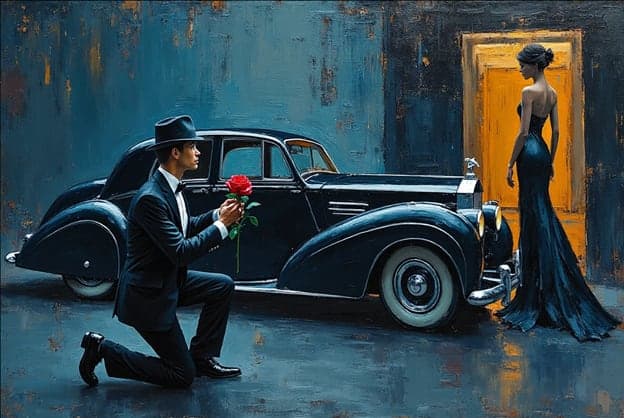 Rose Proposal Vintage Black Car Yellow Doorway Navy Gown