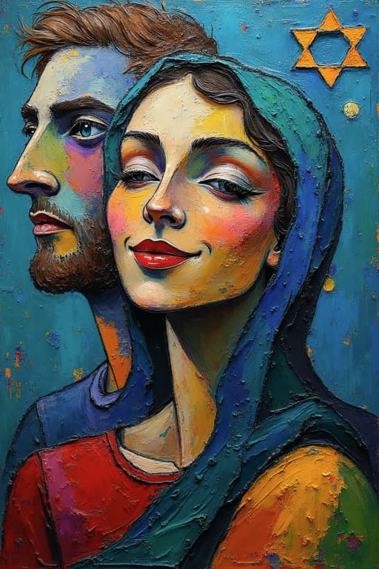 Couple Portrait Profile Headscarf Star Symbol Teal