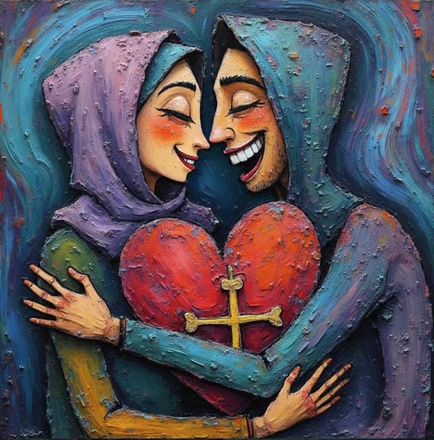 Couple Embrace Relief Heart Cross Hooded Portrait
