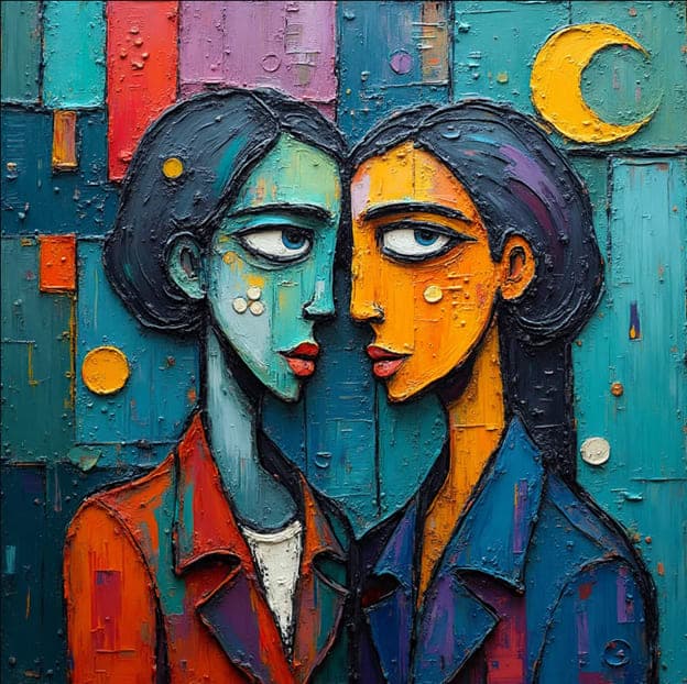 Two Women Profile Portrait Crescent Moon Colorblock A