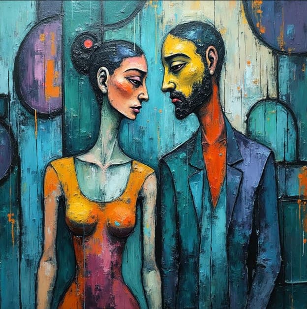 Couple Portrait Yellow Dress Suit Teal Geometric Background