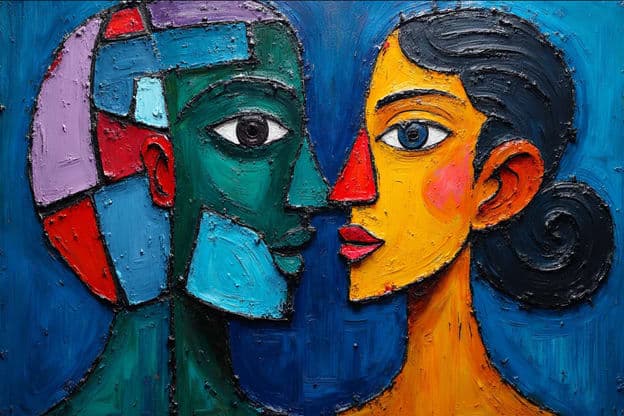 Cubist Face Mosaic Couple Close Portrait Colorblock