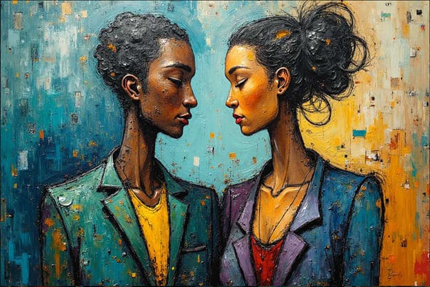 Couple Portrait Profile Textured Painterly Teal Gold