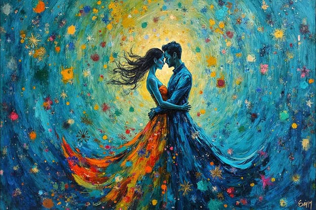 Couple Dancing Galaxy Swirl Dress Glowing Light