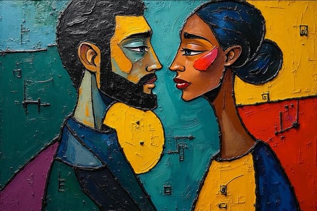 Cubist Couple Portrait Profile Teal Yellow Colorblock