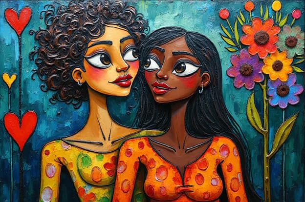 Two Women Whimsical Portrait Big Eyes Flowers Hearts