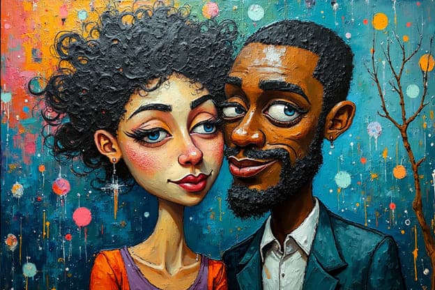 Whimsical Couple Portrait Big Eyes Splatter Bare Tree