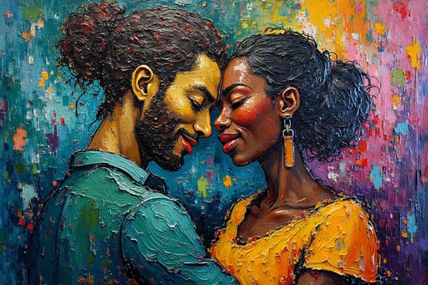 Couple Embrace Impasto Multicolor Splatter Yellow Dress